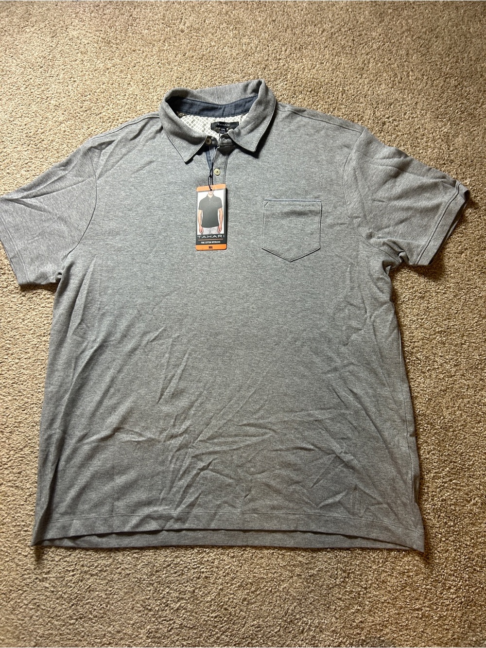 Tahari Men's Gray Polo Shirt Short Sleeve Pocket Casual Cotton